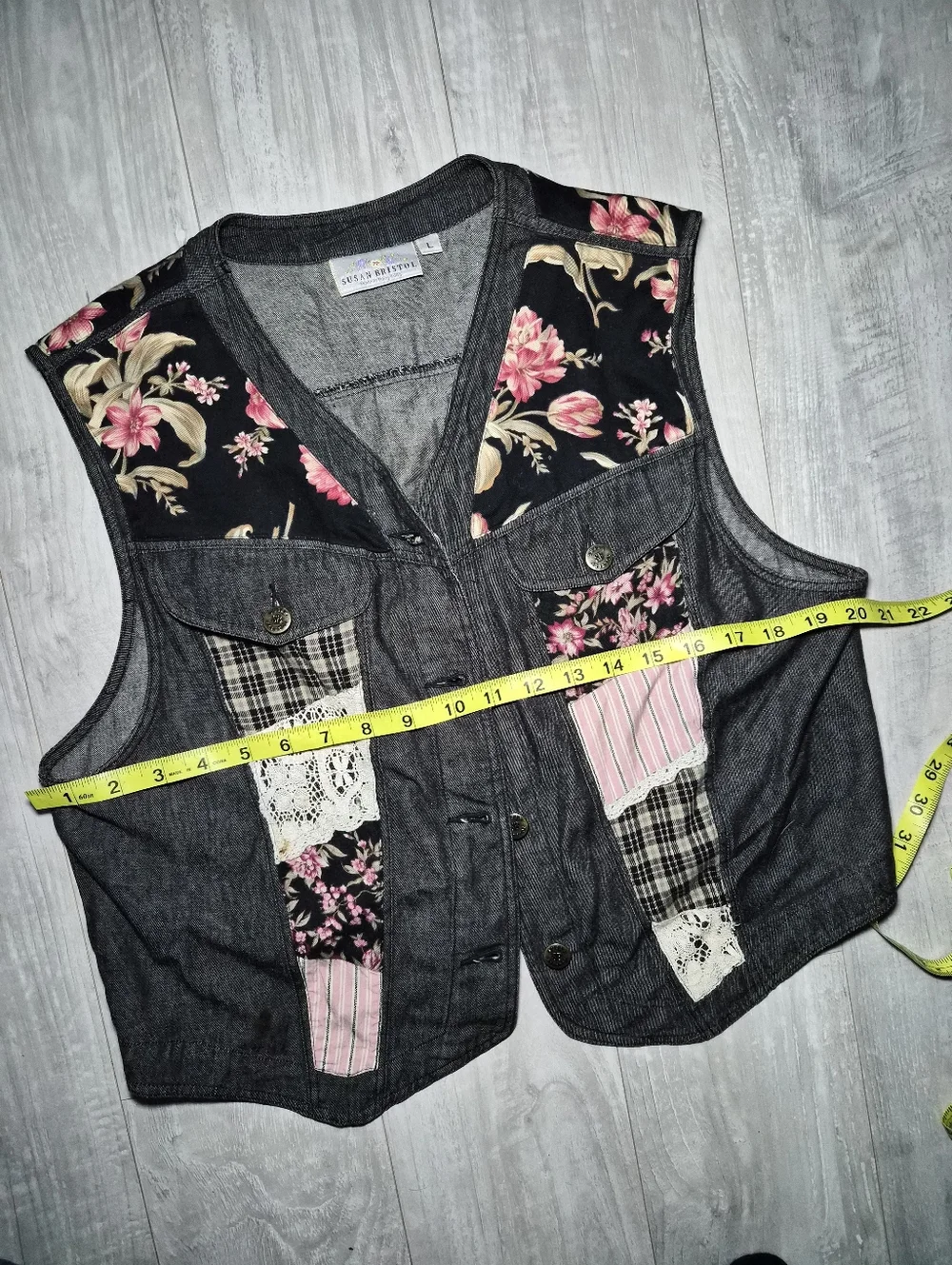 Patchwork Susan Bristol Vintage Vest top button up denim lace floral L Cottagec - Picture 6 of 8